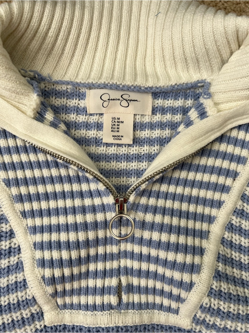 Women’s Medium Blue and White Striped Quarter Zip Knit Nautical Coastal Preppy - Picture 2 of 6